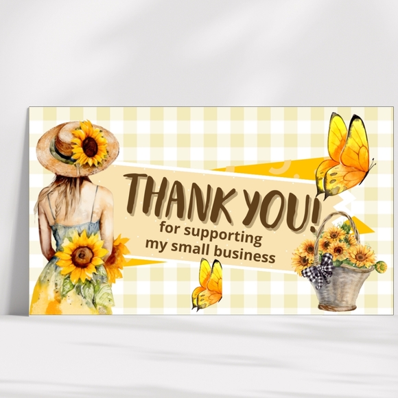 60 Thank You Cards Small Business Packaging Inserts  Glossy Finish Sunflowers - Picture 3 of 6